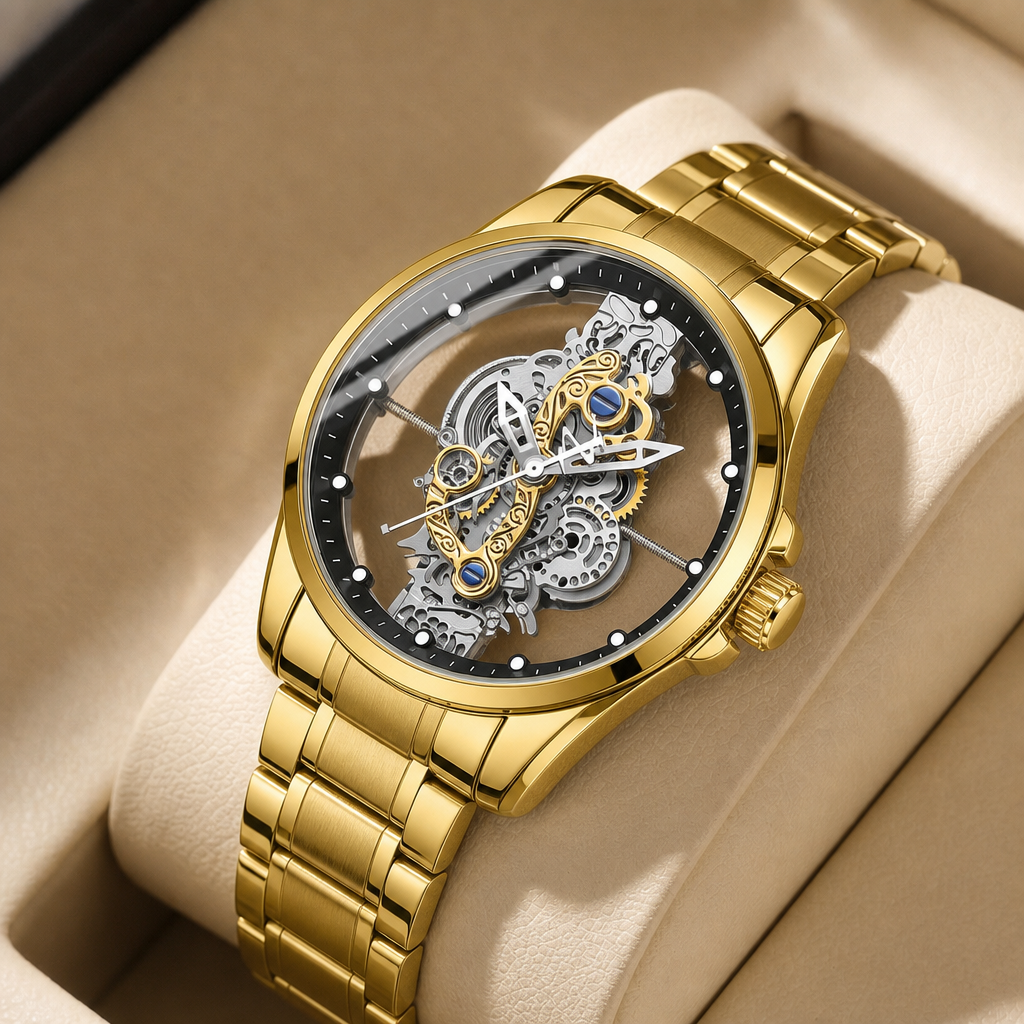 Open Heart Watch - 1pcs Men's gold dial alloy strap
