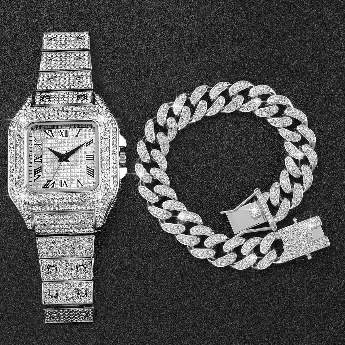 2PCS Iced Out Square Watch & C - Luxury Watch Uk review and price