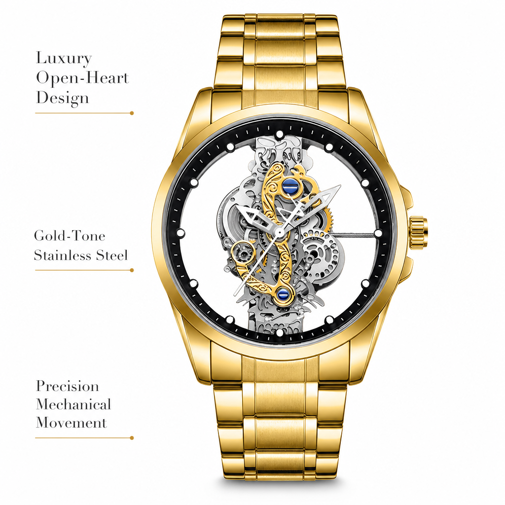 1pcs Men's gold dial alloy str - Open Heart Watch review and price